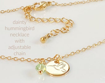 Hummingbird birthstone necklace, Dainty hummingbird necklace, Tiny birthstone necklace, Hummingbird lover gift, Small hummingbird necklace