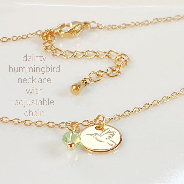 Hummingbird birthstone necklace, Dainty hummingbird necklace, Tiny birthstone necklace, Hummingbird lover gift, Small hummingbird necklace