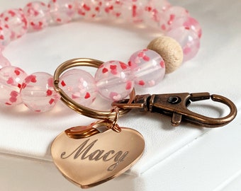 Heart wristlet keychain, Valentine wristlet, small heart beaded wristlet, Sweet sixteen beaded wristlet, Personalized wristlet keychain
