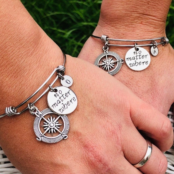 Long Distance Friendship Bracelet Set, Adjustable Bangle, Compass Charm