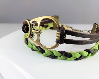 Braided leather owl friendship bracelet, Bronze owl custom leather jewelry, Brown and green braided bracelet