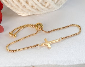 Cross bracelet, Dainty cross bracelet, Adjustable bracelet, Sideways cross bracelet, Confirmation gift, Religious jewelry, Baptism gift