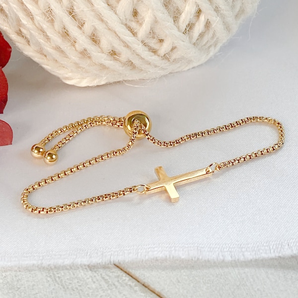 Cross bracelet, Dainty cross bracelet, Adjustable bracelet, Sideways cross bracelet, Confirmation gift, Religious jewelry, Baptism gift