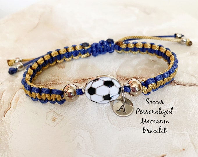 Personalized Soccer Macrame Bracelet, Waxed Cord, Team Sport Jewelry