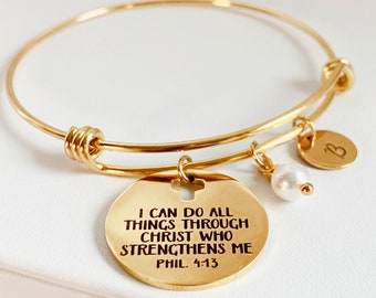 I can do all things through Christ who strengthens me, Philippians 4:13, Bible verse bangle bracelet, Confirmation gift, Religious jewelry