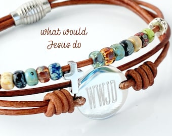 WWJD leather cross bracelet, Confirmation gift, leather bracelet, cross bracelet, WWJD jewelry, Religious jewelry, Christian bracelet