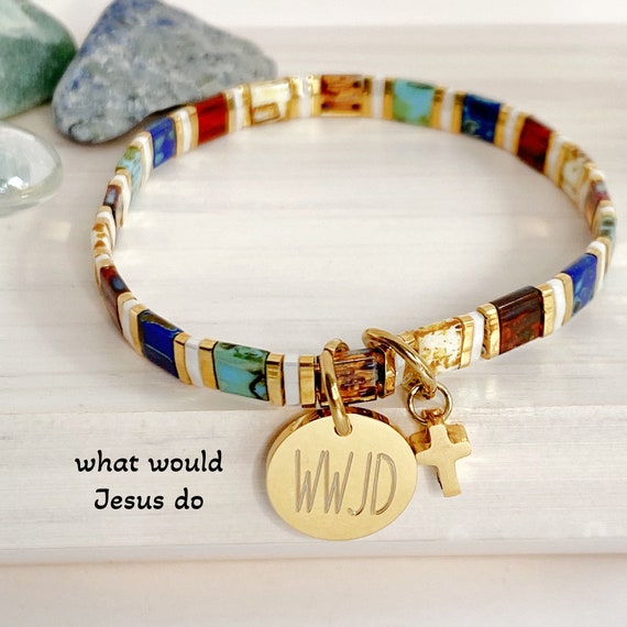 WWJD tila bead bracelet, HWLF tila bead bracelet, God is greater than the highs and lows bracelet, Cross bracelet, Stretch bracelet