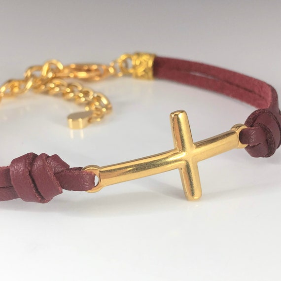 Leather Cross Bracelet Gold Sideways 