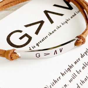 God is greater than the highs and lows hand stamped bracelet, Religious bracelet confirmation gift, Leather christian bracelet baptism gift