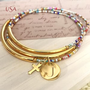 Personalized Initial Cross Charm Bracelet, Beaded Triple Wrap Bracelet