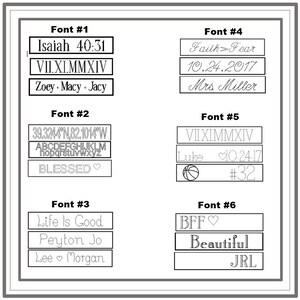 May include: A graphic showing different fonts with various text examples. The fonts are numbered 1 through 6. The text includes: "Isaiah 40:31", "VII.XI.MMXIV", "Zoey. Macy. Jacy", "39.3244&deg;N,82.1014&deg;W", "ABCDEFGHIJKLM", "nopqrstuvwXYZ", "BLESSED", "Faith Fear", "10.24.2017", "Mrs Miller", "VIIXIMMXIV", "Luke 10-24-17", "#32", "Life Is Good", "Peyton Jo", "Lee Morgan", "BFF", "Beautiful", "JRL".