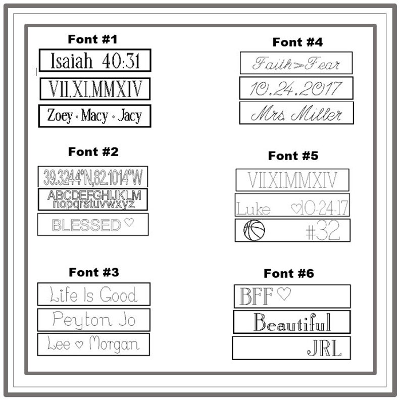 May include: A graphic showing different fonts with various text examples. The fonts are numbered 1 through 6. The text includes: "Isaiah 40:31", "VII.XI.MMXIV", "Zoey. Macy. Jacy", "39.3244&deg;N,82.1014&deg;W", "ABCDEFGHIJKLM", "nopqrstuvwXYZ", "BLESSED", "Faith Fear", "10.24.2017", "Mrs Miller", "VIIXIMMXIV", "Luke 10-24-17", "#32", "Life Is Good", "Peyton Jo", "Lee Morgan", "BFF", "Beautiful", "JRL".