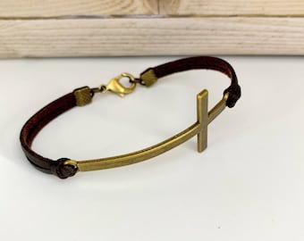 Bronze Cross jewelry, Leather Bracelet, Confirmation gift, Religious jewelry, Friendship bracelet