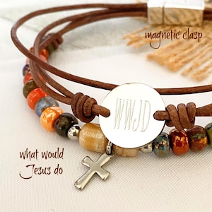 WWJD Leather Cross Bracelet, Picasso Beads, Personalized Confirmation Gift