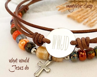 WWJD Leather Cross Bracelet, Picasso Beads, Personalized Confirmation Gift