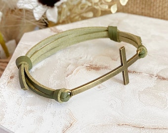 Pulsera de cuero con cruz lateral de bronce, joyería religiosa