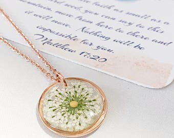 Mustard seed babies breath necklace, Christian gift for her, Religious Faith jewelry