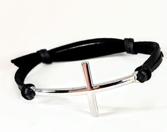 Leather Cross Bracelet * Silver Sideways Leather Cross Bracelet * Cross Bracelet Women * Cross Bracelet Men * Christian Jewelry