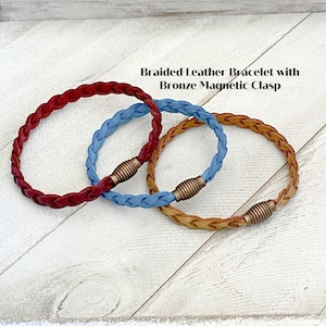 Braided Leather bracelet with bronze magnetic clasp, Unisex bracelets, Leather jewelry, Friendship bracelet, Boho Bracelet, Gift for Him image 1