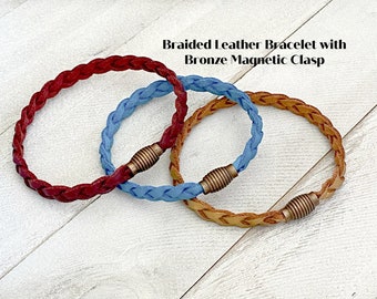 Braided Leather bracelet with bronze magnetic clasp, Unisex bracelets, Leather jewelry, Friendship bracelet, Boho Bracelet, Gift for Him