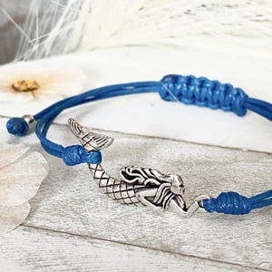 Mermaid Charm Bracelet, Antique Silver, Waxed Cotton Cord