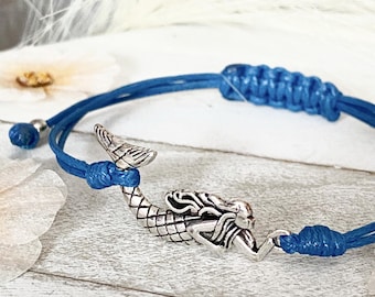 Mermaid Charm Bracelet, Antique Silver, Waxed Cotton Cord