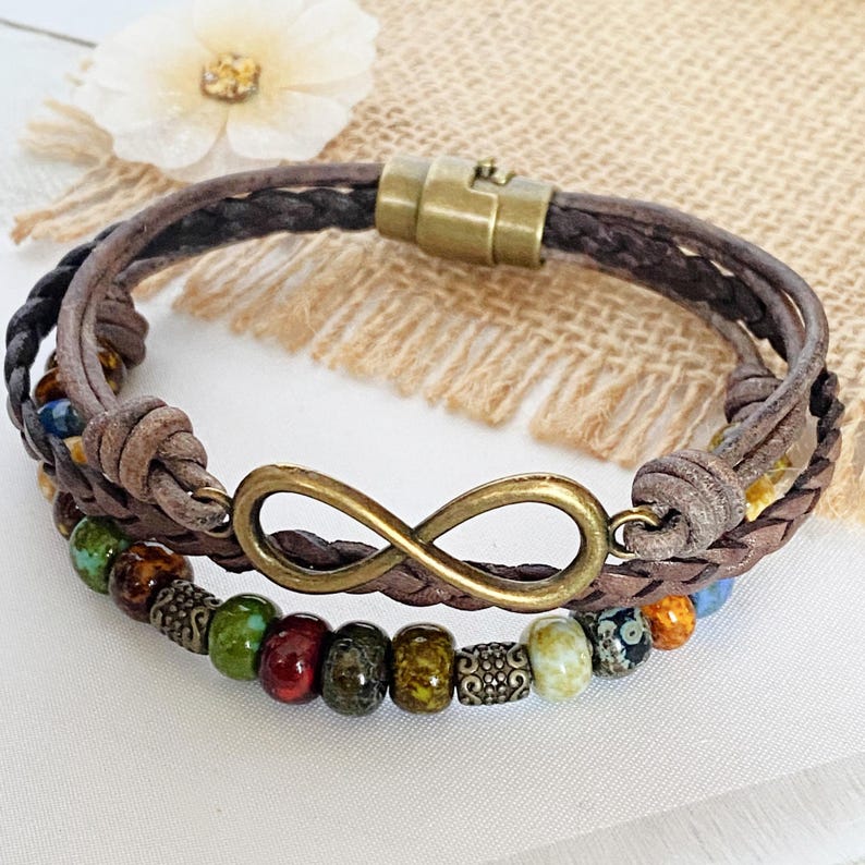 Braided Leather Infinity Bracelet, Picasso Beads, Boho Wrap image 8