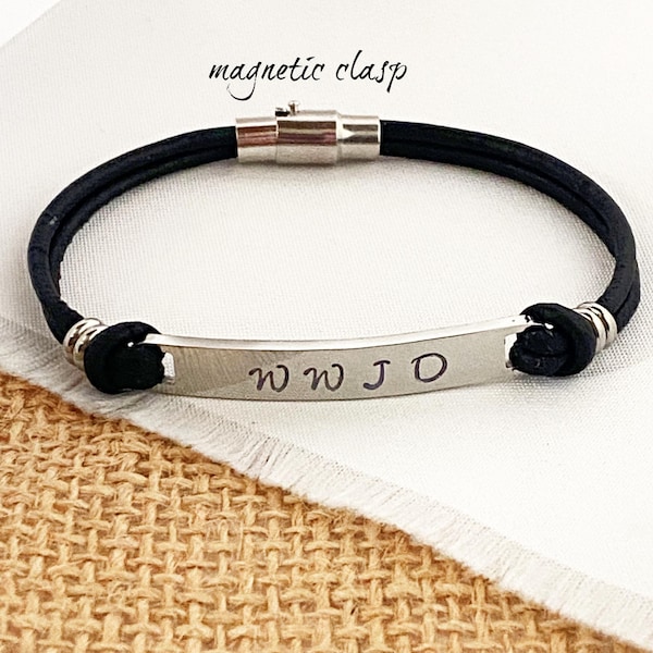 WWJD Leather Bracelet, Hand stamped Stainless Steel, Christian Jewelry
