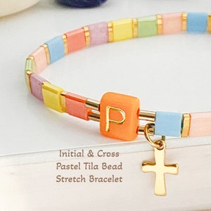 Initial cross tila bead bracelet, Initial bracelet, Personalized gift for her, Tila bead bracelet, Stretch bracelet, Stacking bracelet