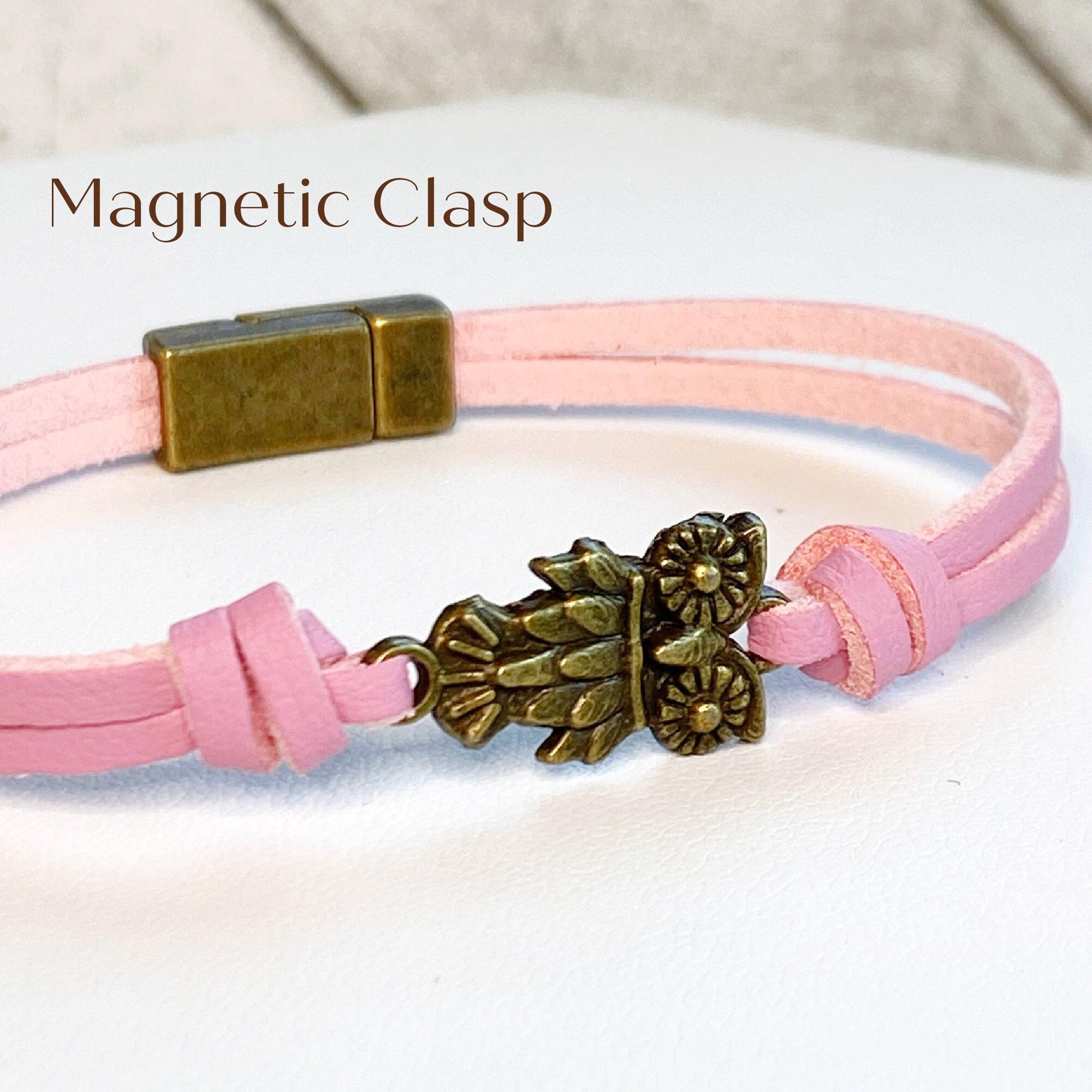 Leather Owl Bracelet, Bronze Charm, Magnetic Clasp