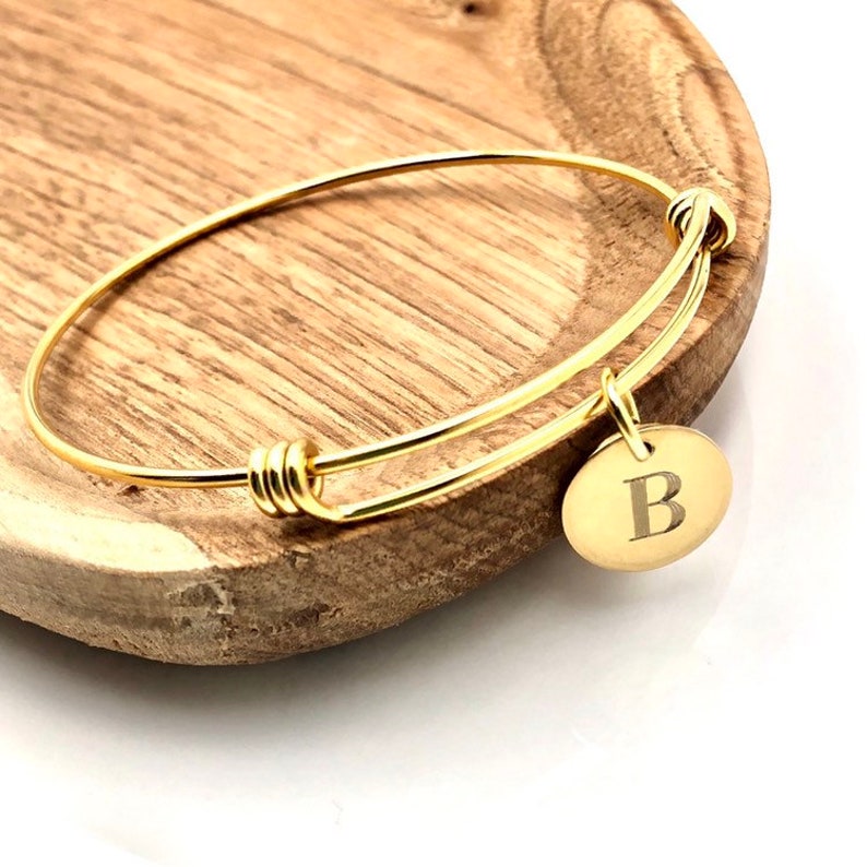 Initial Charm Bangle Bracelet. Bridesmaid Gift. Personalized Gift. Gift for Her. Christmas Gift. Gold Charm Bracelet. Bridal Party Gift. image 5