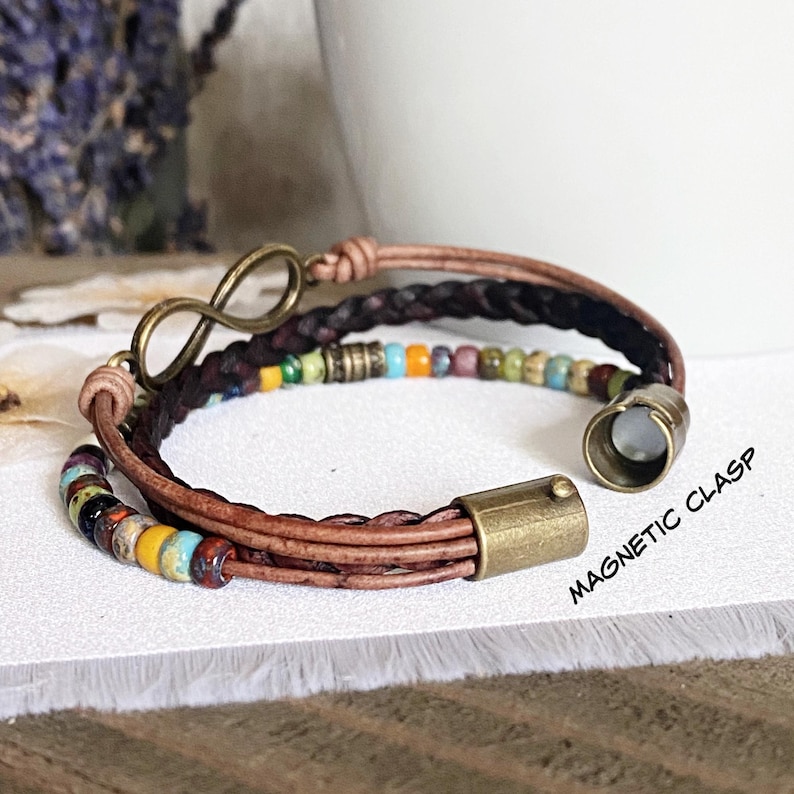 Braided Leather Infinity Bracelet, Picasso Beads, Boho Wrap image 6