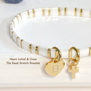 Initial Heart and Cross Tila Bead Bracelet, Initial Bracelet, Personalized gift for her, Tila Bead Bracelet, Stretch Bracelet, Cross jewelry