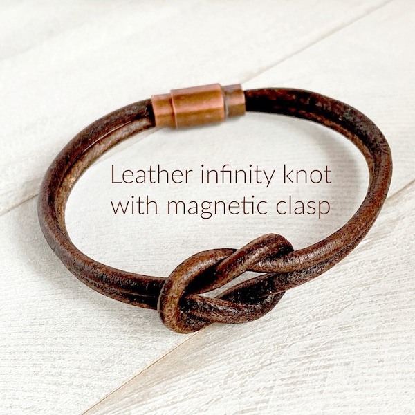 Leather infinity knot bracelet with copper magnetic clasp, Unisex leather bracelet, Leather bracelet for men, Infinity bracelet, Man gift