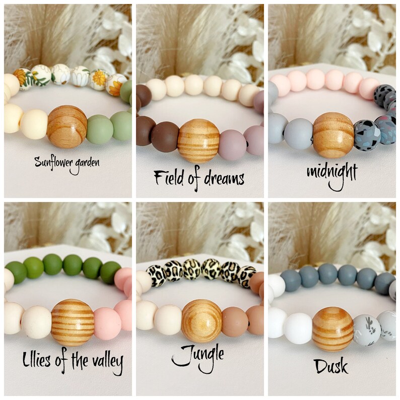 May include: Six different silicone bracelets with wooden beads. The bracelets are in various colors and patterns, including sunflower garden, field of dreams, midnight, lilies of the valley, jungle, and dusk.