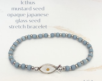 Icthus senapsfrön ogenomskinliga japanska glaspärlor stretcharmband, Religiösa smycken
