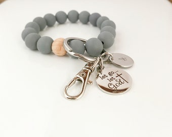 Beaded Wristlet Keychain let go let God, Silicone & Beech Wood, Stainless Steel Charm