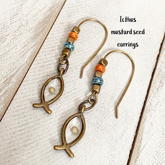 Bronze Ichthus Mustard Seed Earrings, Vintage Look Christian Jewelry