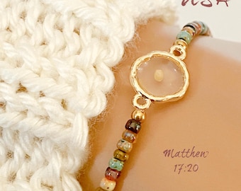 Mustard seed Picasso bead stretch bracelet, Confirmation gift, Baptism gift
