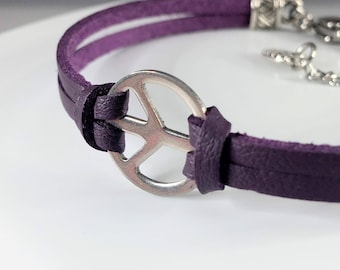 Pulsera de cuero con el símbolo de la paz, joyería bohemia hippie