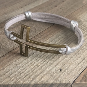 Open cross bracelet. Sideways cross bracelet. Leather cross bracelet. Christian bracelet. Christian jewelry. Cross bracelet. Bronze cross
