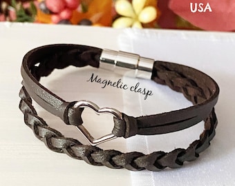 Braided Leather Bracelet with Silver Heart, Layered Love Bracelet