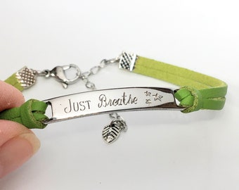 Engraved 'Just Breathe' Leather Bracelet, Inspirational Jewelry