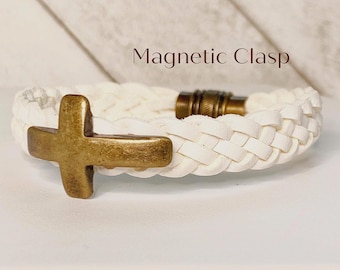 Pulsera de cuero trenzado con cruz, joyería religiosa, regalo de confirmación