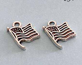 Small American Flag Patriotic Antique silver tone flag charms, Set of 10