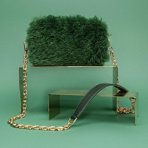 Handgefertigte Schafwolltasche, Designer-Stil Tasche, Echtleder Tasche, Crossbody-Tasche mit Messingkette, Schaffelltasche, Luxushandtasche Emerald Green Wool
