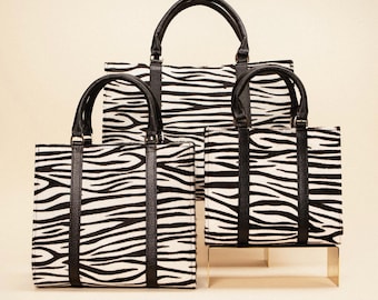 Handmade Zebra Print Bag, Calf Fur Top Handle Bag, Designer Style Bag, Luxury Purse, Animal Print Bag, Leopard Bag, Black Cowhide Bag