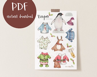 Christmas Penguin Paper Doll - Digital Download