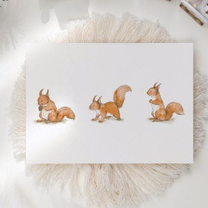 A plain white postcard with three cute red squirrels in the centre. The illustrations are detailed and have watercolour textures. The postcard is on a fluffy placemat next to a toy train.