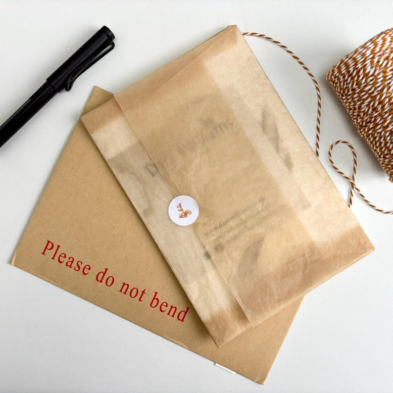 May include: A brown paper envelope with the text "Please do not bend" in red. The envelope contains a package wrapped in translucent paper, sealed with a small sticker featuring a squirrel illustration. A black pen and twine are also visible.